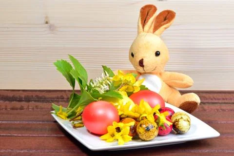 Easter eggs, spring flowers and a rabbit toy Stock Photos