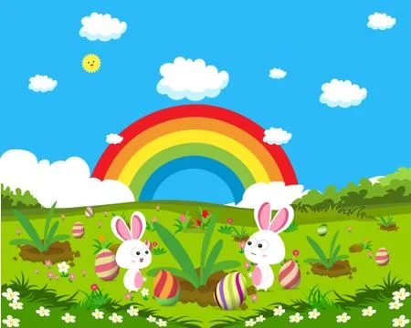 Easter eggs spring fresh grass and bunny background Stock Illustration