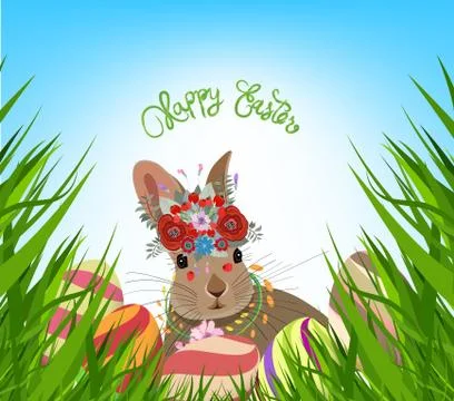 Easter eggs spring fresh grass background Stock Illustration
