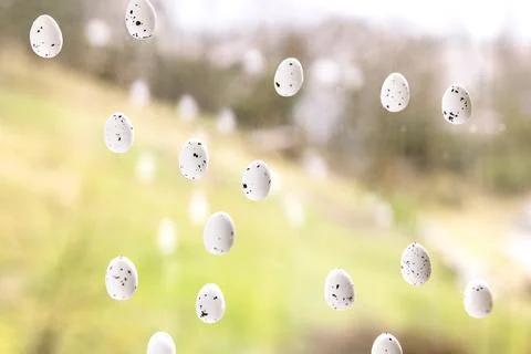 Easter eggs on spring meadow background. Seasonal abstract arrangement, greet Stock Photos