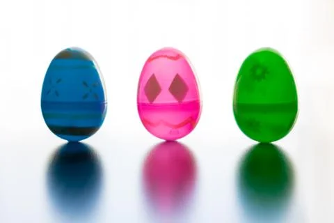 Easter Eggs stand up in front of an all white background. Stock Photos