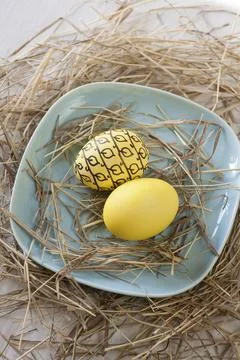 Easter eggs in straw plate on a white background Stock Photos