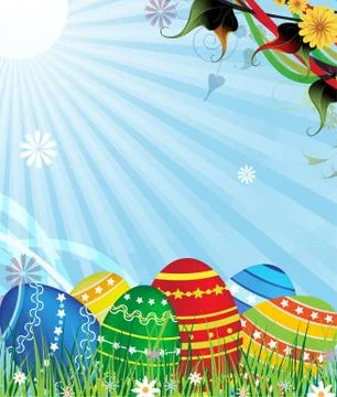 Easter eggs on a sunny meadow Stock Illustration