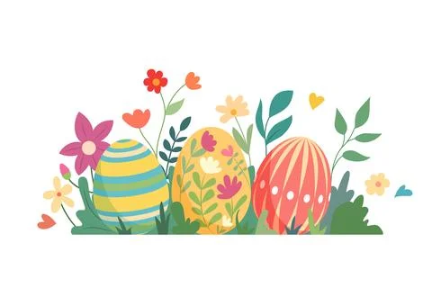 Easter eggs surrounded by flowers and greenery Stock Illustration
