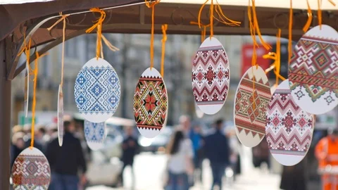 Easter eggs symbols with city background Stock Footage 88676549
