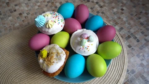 Easter eggs on the table Stock Footage 128675479