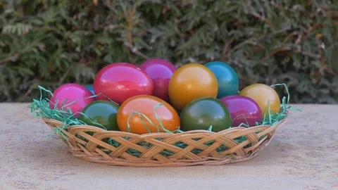 Easter eggs on the table outdoors Video stock 73457274