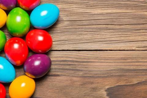 Easter eggs on table Stock Photos