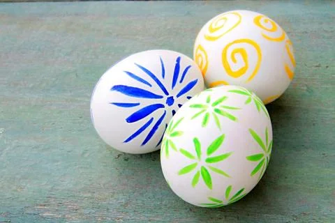 Easter eggs on table Stock Photos
