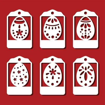 Easter eggs Tag set. White ornamental eggs for laser cutting on red background Stock Illustration