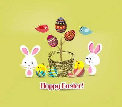Easter eggs tree bunny and birds Stock Illustration
