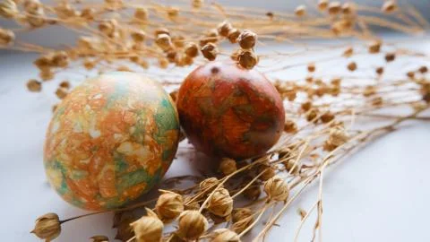 Easter eggs on white and grass Foto stock