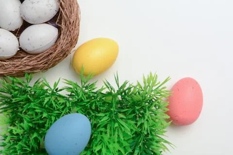 Easter eggs on white background with copy space Stock Photos