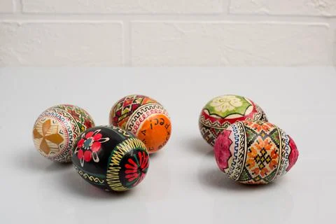 Easter eggs on a white background, greeting card for the holiday Stock Photos