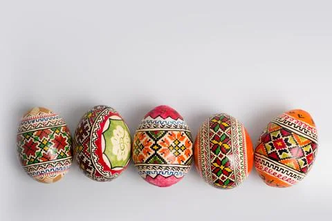 Easter eggs on a white background, greeting card for the holiday Stock Photos