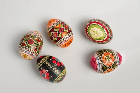 Easter eggs on a white background, greeting card for the holiday Stock Photos