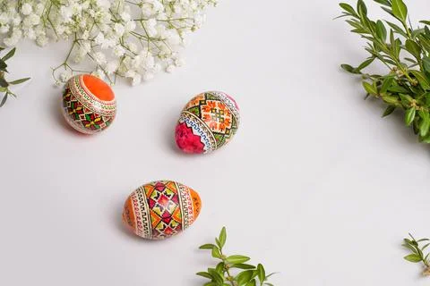 Easter eggs on a white background, greeting card for the holiday Foto stock