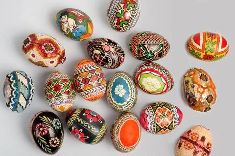 Easter eggs on a white background, greeting card for the holiday Stock Photos