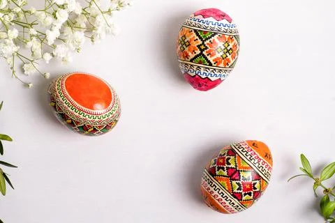 Easter eggs on a white background, greeting card for the holiday Stock Photos