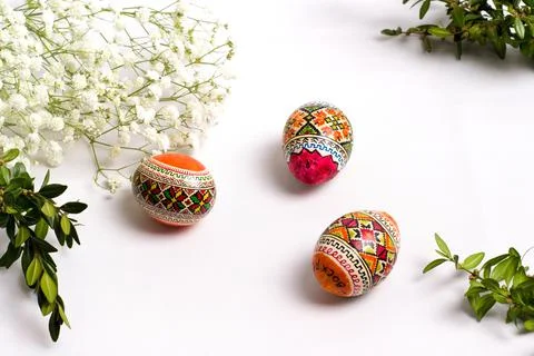 Easter eggs on a white background, greeting card for the holiday Stock Photos