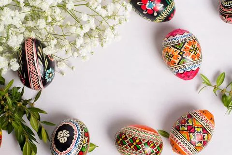 Easter eggs on a white background, greeting card for the holiday Stock Photos