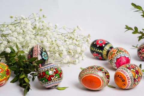 Easter eggs on a white background, greeting card for the holiday Stock Photos