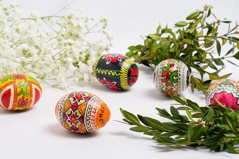 Easter eggs on a white background, greeting card for the holiday Stock Photos