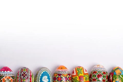 Easter eggs on a white background, greeting card for the holiday Stock Photos