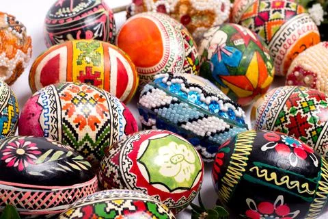 Easter eggs on a white background, greeting card for the holiday Stock Photos