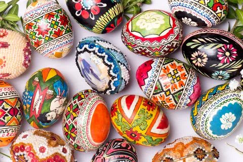 Easter eggs on a white background, greeting card for the holiday Stock Photos