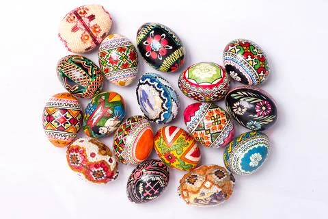 Easter eggs on a white background, greeting card for the holiday Stock Photos