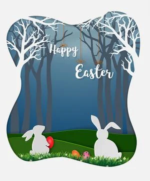 Easter eggs with white rabbits and little daisy in the forest,cute paper art  Stock Illustration