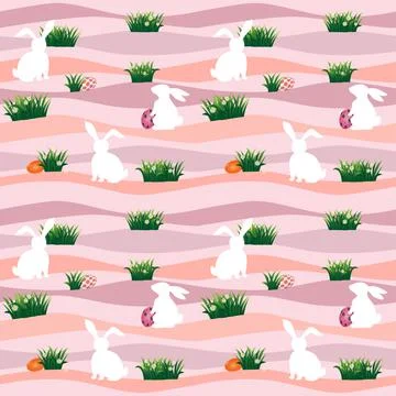Easter eggs with white rabbits in the meadow seamless pattern on pastel backg Illustrazione stock