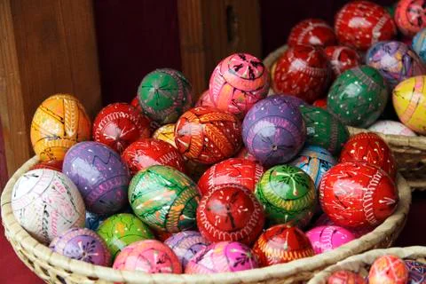 Easter Eggs in a wicker basket Stock Photos