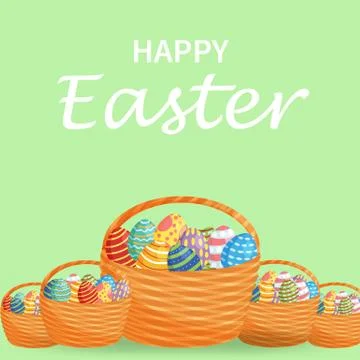 Easter eggs in a wicker nest and rectangular greeting card on a green background Stock Illustration