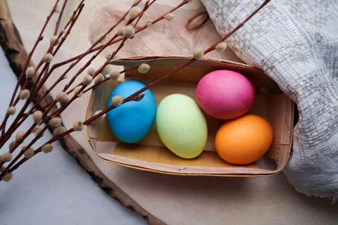 Easter eggs with willow branch Stock Photos