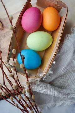 Easter eggs with willow branch Stock Photos