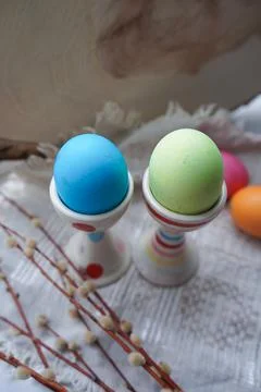 Easter eggs with willow branch Stock Photos