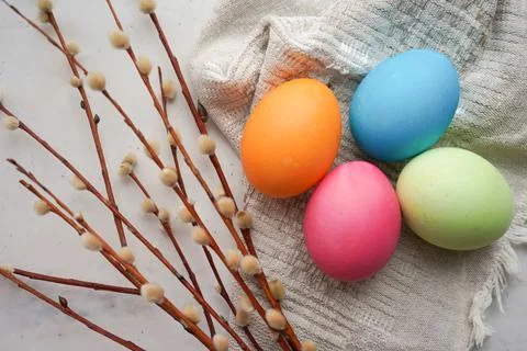 Easter eggs with willow branch Stock Photos