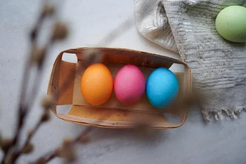 Easter eggs with willow branch Stock Photos