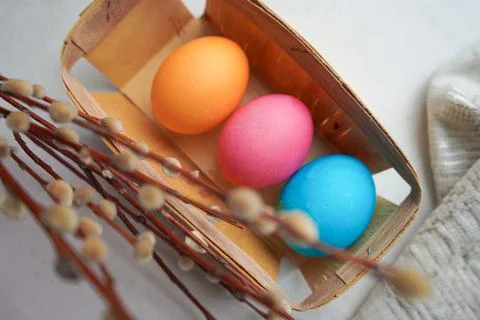 Easter eggs with willow branch Stock Photos
