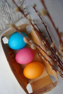 Easter eggs with willow branch Stock Photos