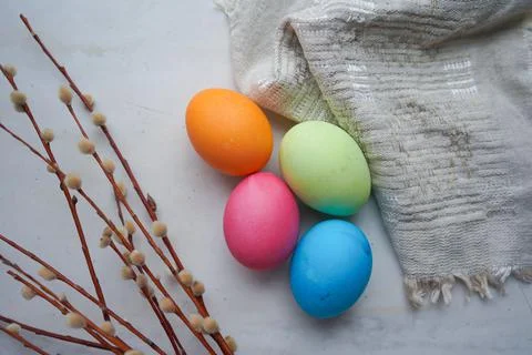 Easter eggs with willow branch Stock Photos