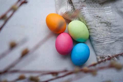 Easter eggs with willow branch Stock Photos