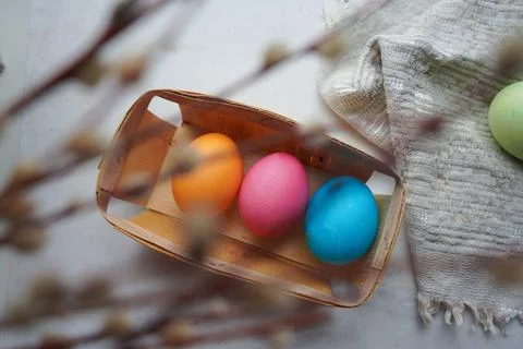 Easter eggs with willow branch Stock Photos