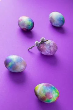 Easter eggs with willow branches on a trend violet Stock Photos