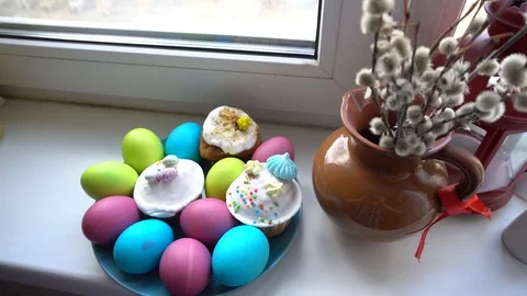 Easter eggs on the window Stock Footage 128675674