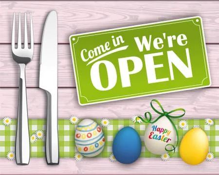 Easter Eggs Wood Checked Cloth Knife Fork Sign Open Stock Illustration