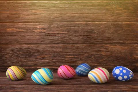 Easter eggs on wooden background. 3D rendering illustration. Stock Illustration