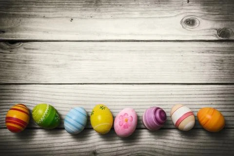 Easter eggs on wooden background Stock Photos